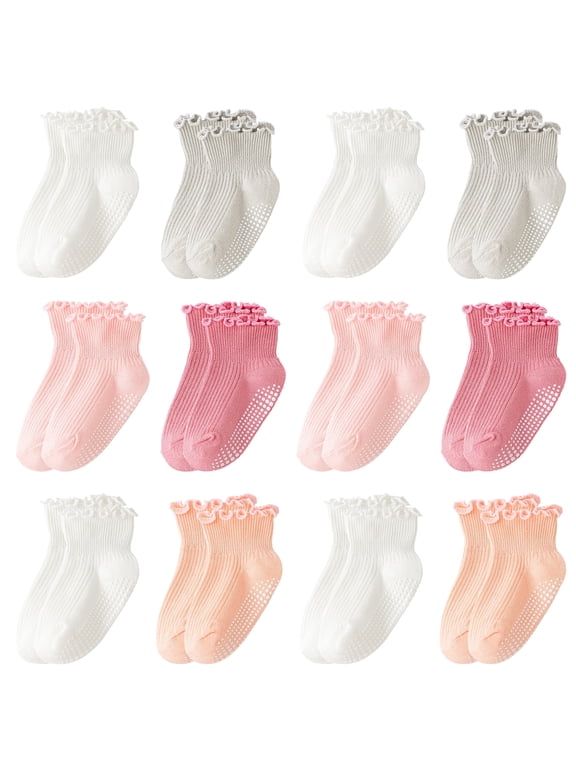 12 Pack Toddler Socks with Grips, Non-Slip Ruffle Ankle Socks for Baby Girls, Size 3M-5T