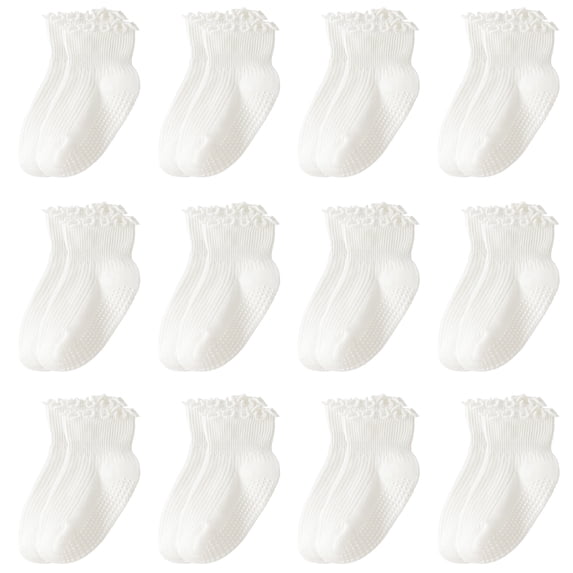 Yawlsow 12 Pack Toddler Socks with Grips, Non-Slip Ruffle Ankle Socks for Baby Girls, Size 3M-5T