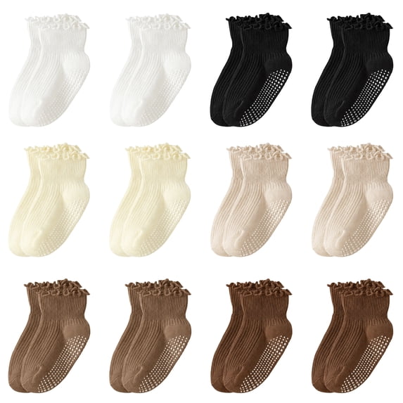 Yawlsow 12 Pack Toddler Socks with Grips, Non-Slip Ruffle Ankle Socks for Baby Girls, Size 3M-5T