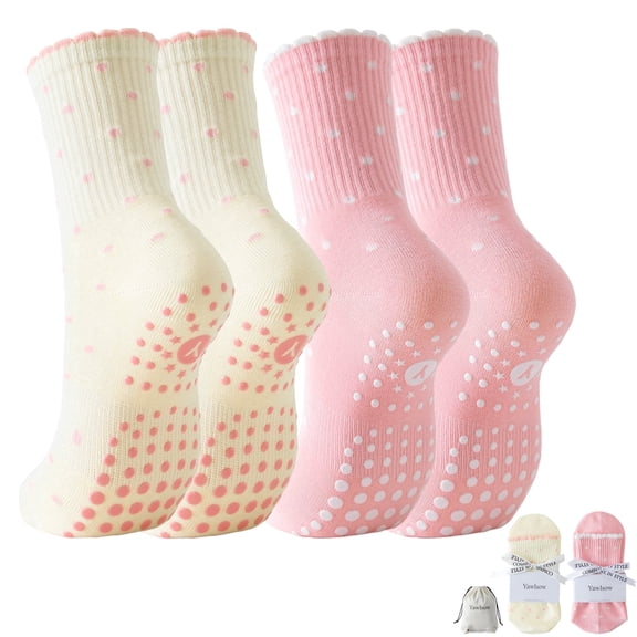 Yawlsow 2 Pairs Pilates Grip Socks for Women, Non-Slip Yoga Socks with Polka Dot and Gift Bag for Barre Workout, US Size 5-10