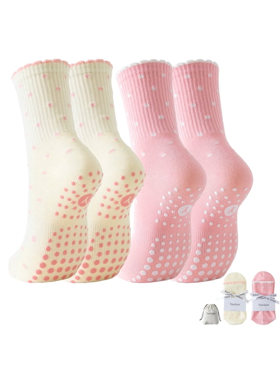 2 Pairs Pilates Grip Socks for Women, Non-Slip Yoga Socks with Polka Dot and Gift Bag for Barre Workout, US Size 5-10