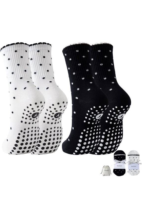 2 Pairs Pilates Grip Socks for Women, Non-Slip Yoga Socks with Polka Dot and Gift Bag for Barre Workout, US Size 5-10