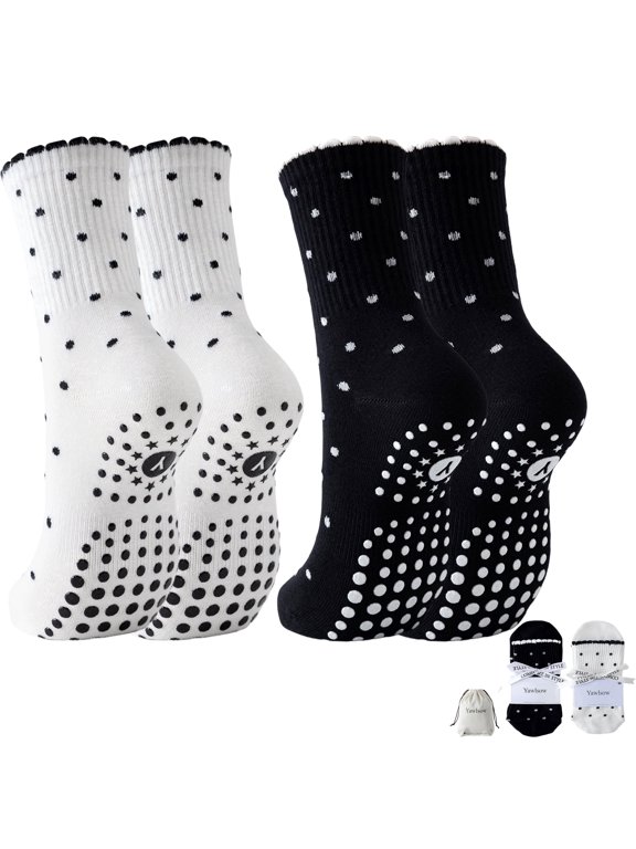 2 Pairs Pilates Grip Socks for Women, Non-Slip Yoga Socks with Polka Dot and Gift Bag for Barre Workout, US Size 5-10