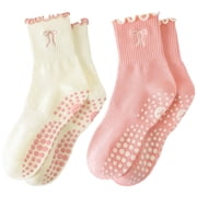 Yawlsow 2 Pairs Pilates Grip Socks for Women, Non Slip Yoga Socks with Single Bow Embroidery and Cute Mini Ruffle for Barre Ballet Workout, Hospital