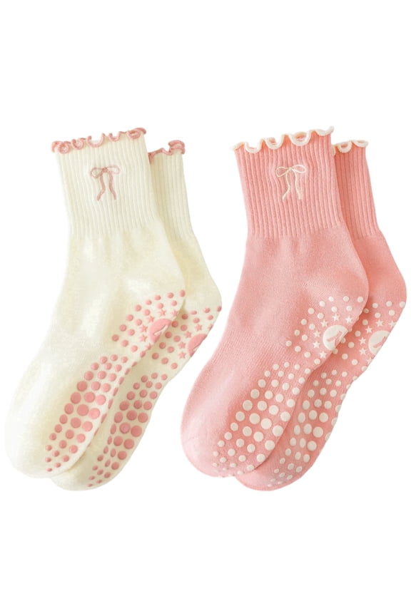 2 Pairs Pilates Grip Socks for Women, Non Slip Yoga Socks with Single Bow Embroidery and Cute Mini Ruffle for Barre Ballet Workout, Hospital