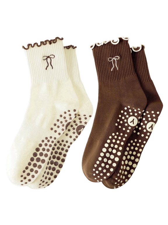 2 Pairs Pilates Grip Socks for Women, Non Slip Yoga Socks with Single Bow Embroidery and Cute Mini Ruffle for Barre Ballet Workout, Hospital