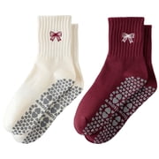 Yawlsow 2 Pairs Pilates Grip Socks for Women with Bow Embroidery, Grippy Yoga Socks for Barre Ballet Workout, Hospital, Size 5-10