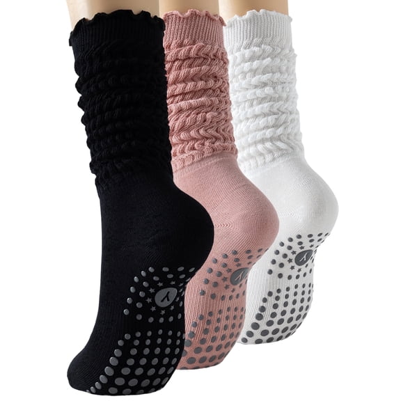 Yawlsow 3 Pairs Slouchy Socks with Grips for Women, Ruffle Non-Slip Yoga Socks for Pilates, Barre Workout, Hospital
