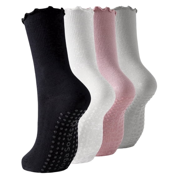 Yawlsow 4 Pairs Pilates Grip Socks for Woman, Ruffle Frilly Yoga Socks for Barre Ballet Workout Hospital, Size 5-10