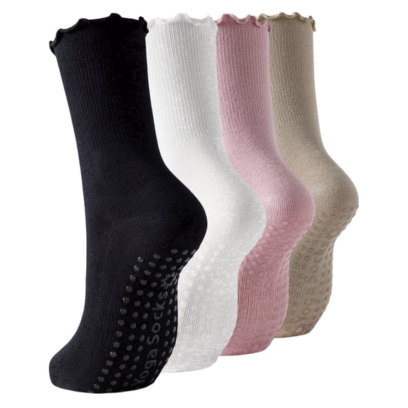 Yawlsow 4 Pairs Pilates Grip Socks for Woman, Ruffle Frilly Yoga Socks for Barre Ballet Workout Hospital, Size 5-10