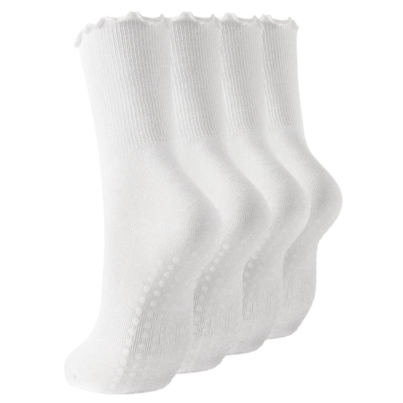 Yawlsow 4 Pairs Pilates Grip Socks for Woman, Ruffle Frilly Yoga Socks for Barre Ballet Workout Hospital, Size 5-10