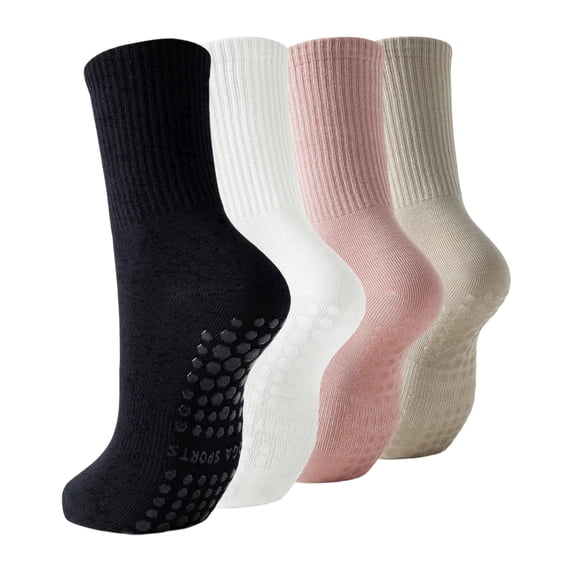 Yawlsow 4 Pairs Pilates Grip Socks for Women, Non Slip Yoga Socks with Arch Support & Breathable Cotton for Barre Ballet Hospital Workout, Size 5-10