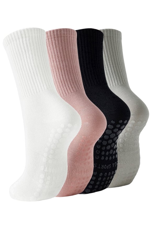 4 Pairs Pilates Grip Socks for Women, Non Slip Yoga Socks with Arch Support & Breathable Cotton for Barre Ballet Hospital Workout, Size 5-10