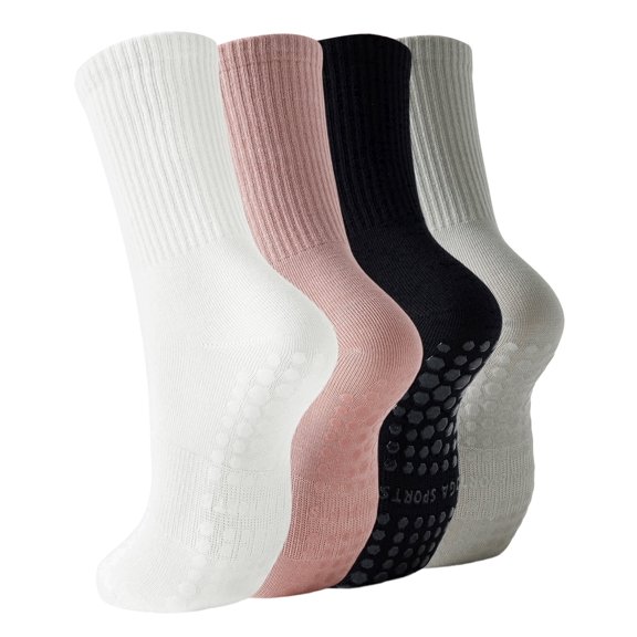 Yawlsow 4 Pairs Pilates Grip Socks for Women, Non Slip Yoga Socks with Arch Support & Breathable Cotton for Barre Ballet Hospital Workout, Size 5-10