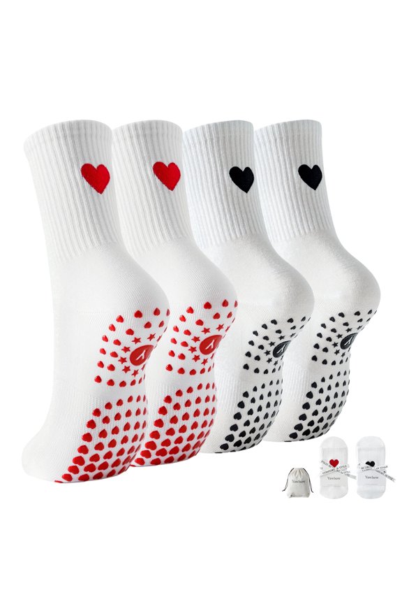 4 Pairs Pilates Grip Socks for Women, Non Slip Yoga Socks with Large Heart Embroidery for Barre Ballet Workout, US Size 5-10