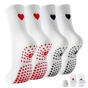 Yawlsow 4 Pairs Pilates Grip Socks for Women, Non Slip Yoga Socks with Large Heart Embroidery for Barre Ballet Workout, US Size 5-10