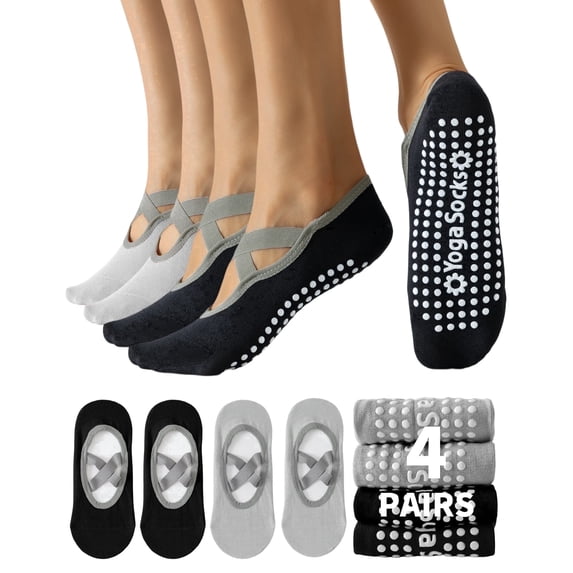 Yawlsow 4 Pairs Pilates Socks with Grip for Woman, Breathable Cross-Strap Design, Non-Slip Yoga Socks for Barre, Ballet, Workout, Hospital