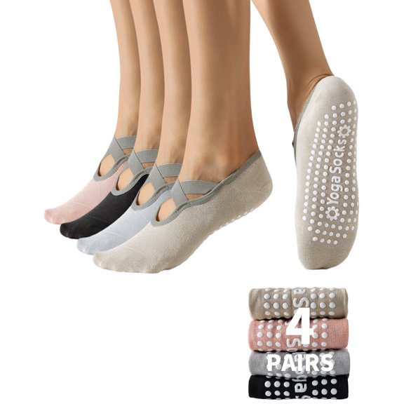 Yawlsow 4 Pairs Pilates Socks with Grip for Woman, Breathable Cross-Strap Design, Non-Slip Yoga Socks for Barre, Ballet, Workout, Hospital