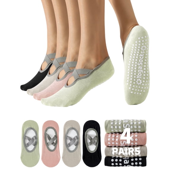 Yawlsow 4 Pairs Pilates Socks with Grip for Woman, Breathable Cross-Strap Design, Non-Slip Yoga Socks for Barre, Ballet, Workout, Hospital