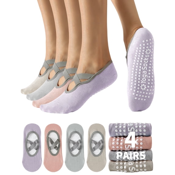 Yawlsow 4 Pairs Pilates Socks with Grip for Woman, Breathable Cross-Strap Design, Non-Slip Yoga Socks for Barre, Ballet, Workout, Hospital