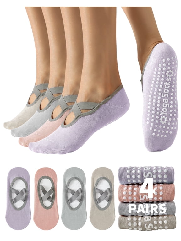 4 Pairs Pilates Socks with Grip for Woman, Breathable Cross-Strap Design, Non-Slip Yoga Socks for Barre, Ballet, Workout, Hospital