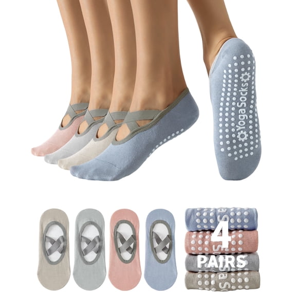 Yawlsow 4 Pairs Pilates Socks with Grip for Woman, Breathable Cross-Strap Design, Non-Slip Yoga Socks for Barre, Ballet, Workout, Hospital