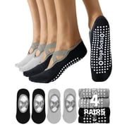 Yawlsow 4 Pairs Pilates Socks with Grip for Woman, Breathable Cross-Strap Design, Non-Slip Yoga Socks for Barre, Ballet, Workout, Hospital