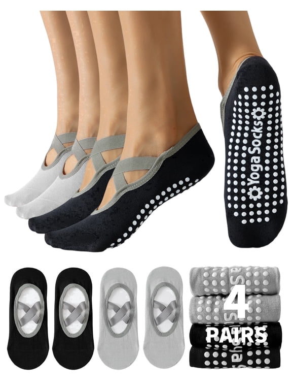 4 Pairs Pilates Socks with Grip for Woman, Breathable Cross-Strap Design, Non-Slip Yoga Socks for Barre, Ballet, Workout, Hospital