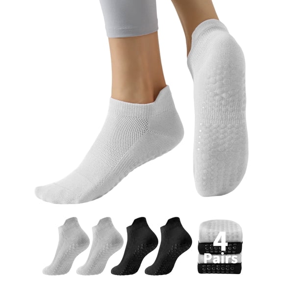 Yawlsow 4 Pairs Pilates Socks with Grips for Women, Grippy Socks for Barre Yoga Workout, Hospital, Size 5-10