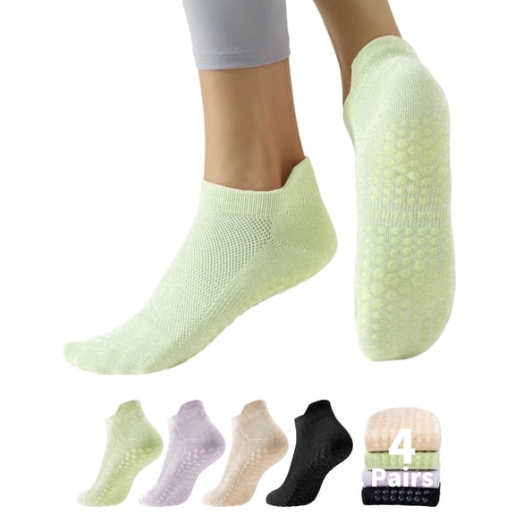 Yawlsow 4 Pairs Pilates Socks with Grips for Women, Grippy Socks for Barre Yoga Workout, Hospital, Size 5-9