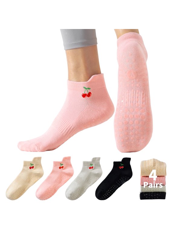 4 Pairs Pilates Socks with Grips for Women, Grippy Socks with Cherry Embroidery for Yoga Barre Workout, Hospital, US Size 5-9