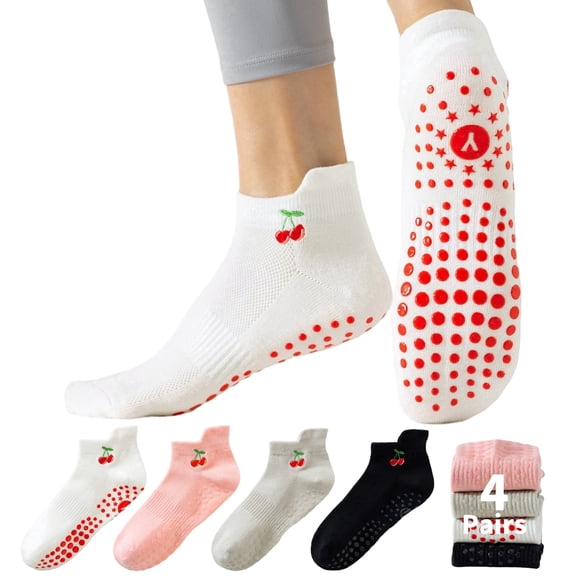 Yawlsow 4 Pairs Pilates Socks with Grips for Women, Grippy Socks with Cherry Embroidery for Yoga Barre Workout, Hospital, Size 5-10