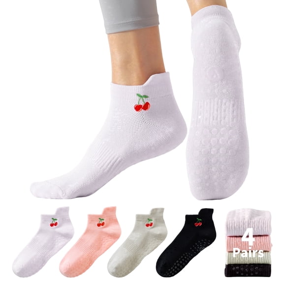 Yawlsow 4 Pairs Pilates Socks with Grips for Women, Grippy Socks with Cherry Embroidery for Yoga Barre Workout, Hospital, Size 5-9