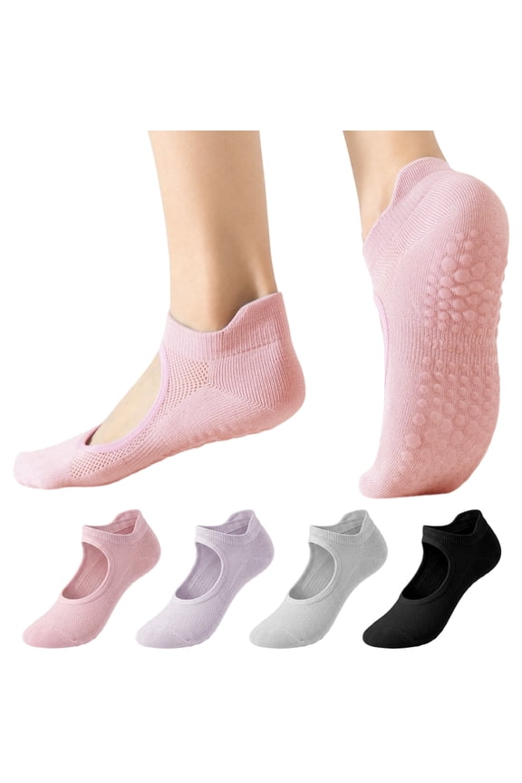 4 Pairs Pilates Socks with Grips for Women, Non-Slip Yoga Socks for Barre, Ballet, Barefoot Workout