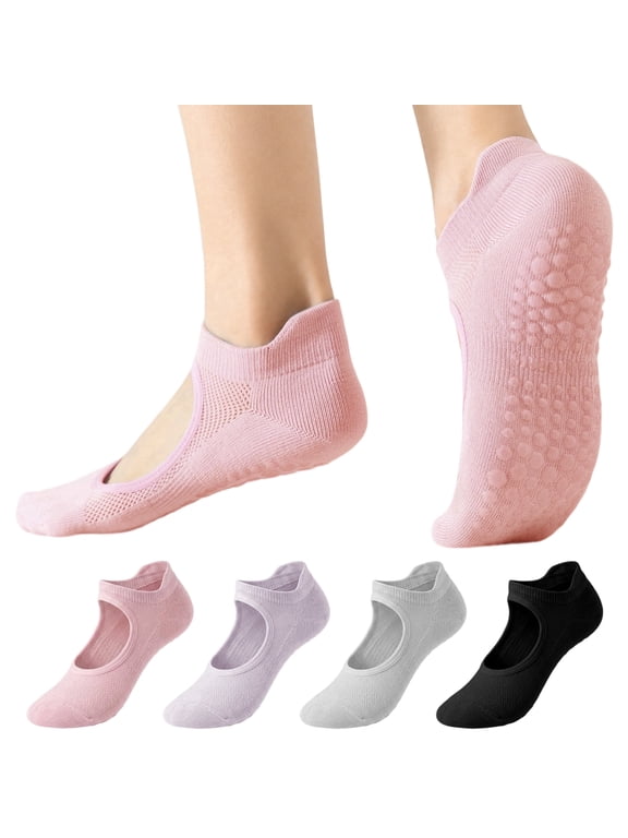 4 Pairs Pilates Socks with Grips for Women, Non-Slip Yoga Socks for Barre, Ballet, Barefoot Workout
