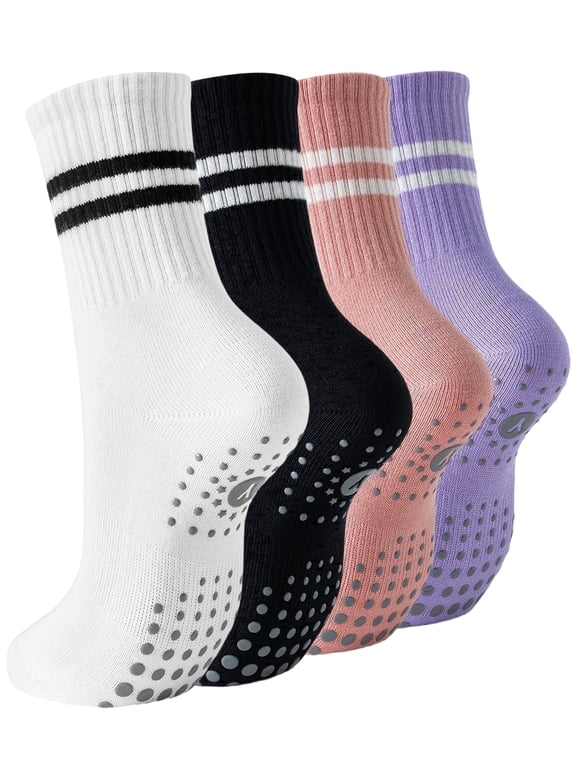 4 pairs Pilates Grip Socks for Women, Yoga Grippy Socks for Barre, Hospital, Gym Workout