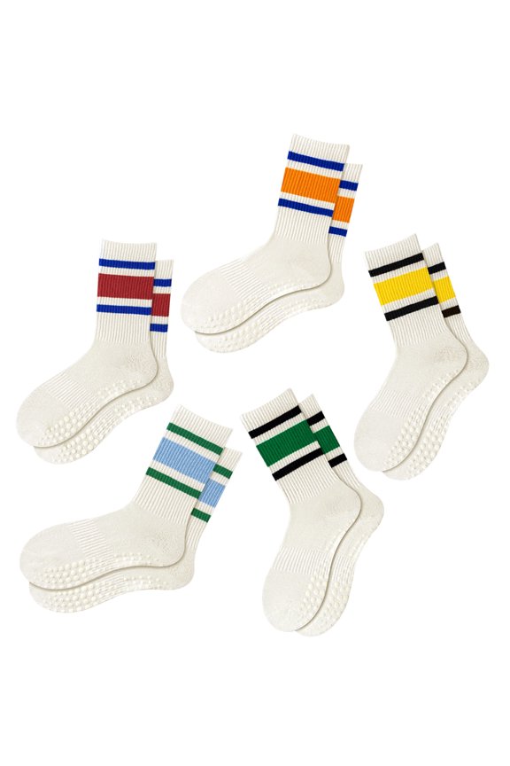 5 Pairs Pilates Grip Socks for Women, Non Slip Yoga Socks with Retro Stripe for Barre Ballet Workout, US Size 5-10