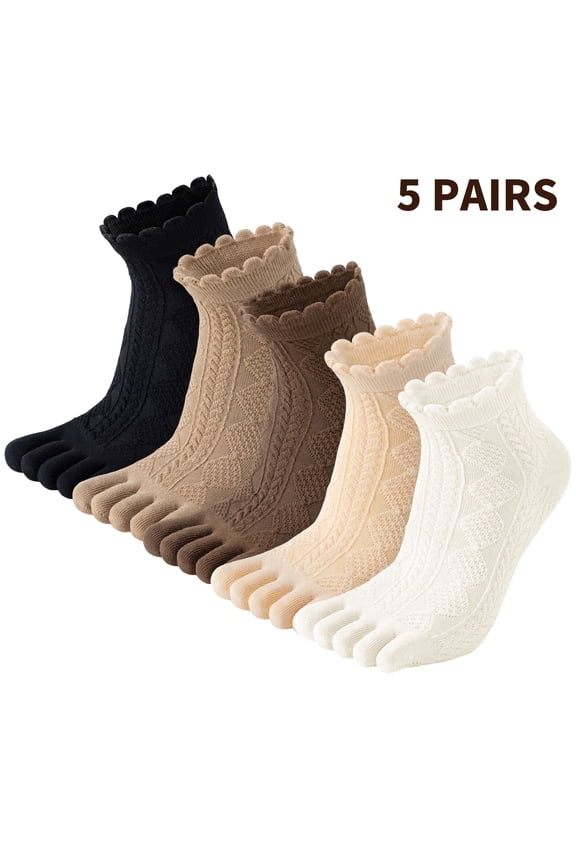 5 Pairs Women's Cotton Toe Socks, Five Finger Crew Socks for Running Athletic, Casual Wear, US Size 5-8.5