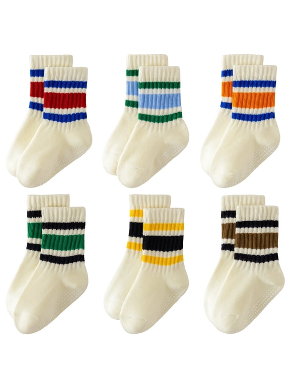 6 Pairs Toddler Grip Socks, Non-Slip Striped Crew Cotton Rtro Seamless Socks for Baby Boys Girls, Size 3M-5T