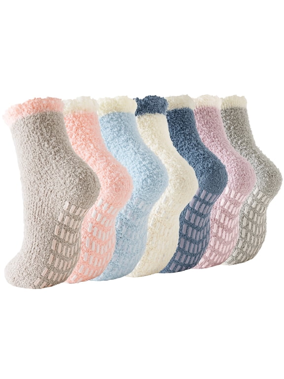 7 Pairs Fuzzy Socks for Women, Non Slip Soft Warm Cozy Winter Fluffy Socks with Grips for Home Sleeping Hospital, US Size 5-10