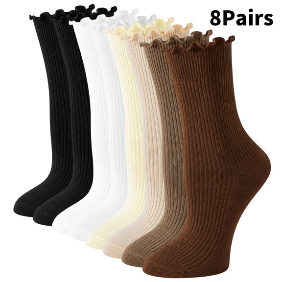 Yawlsow 8 Pairs Ruffle Socks for Women, Cute Frilly Cotton Crew Socks, US Size 5-9