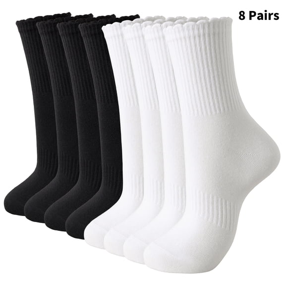 Yawlsow 8 Pairs Women's Crew Cotton Socks with Scalloped Top, Soft Breathable Casual Ankle Socks for Daily Wear, US Size 5-11