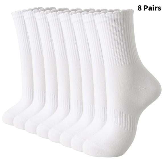 Yawlsow 8 Pairs Women's Crew Cotton Socks with Scalloped Top, Soft Breathable Casual Ankle Socks for Daily Wear, US Size 5-11