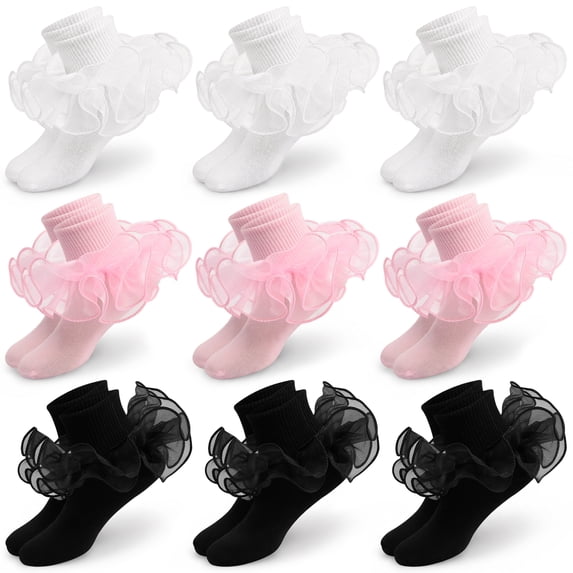Yawlsow 9 Pairs Girls Ruffle Socks, Soft Cotton Double Lace Frilly Turn Cuff Socks for Kids 4-10 Years