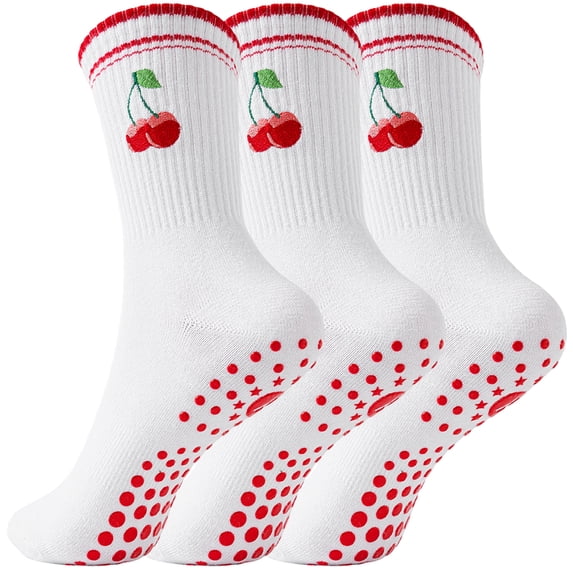 Yawlsow Pilates Grip Socks for Women, 3 Pairs Non Slip Yoga Socks with Double Stripe Cherry Embroidery for Barre Ballet Workout