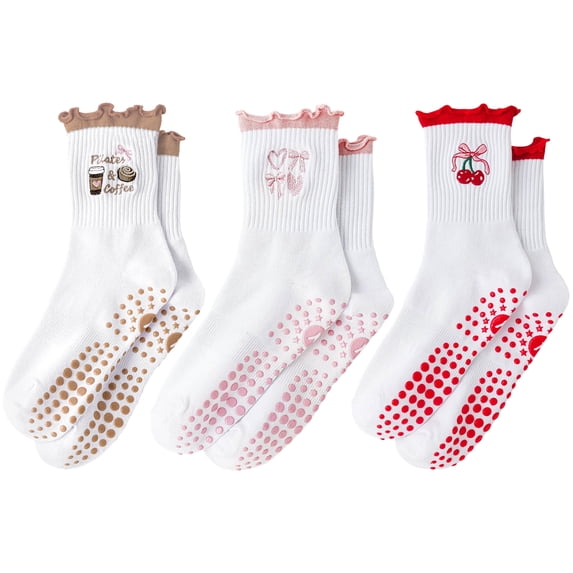 Yawlsow Pilates Grip Socks for Women, 3 Pairs Non Slip Yoga Socks with Ruffle Cuff Embroidery for Barre Ballet Workout, US Size 5-10