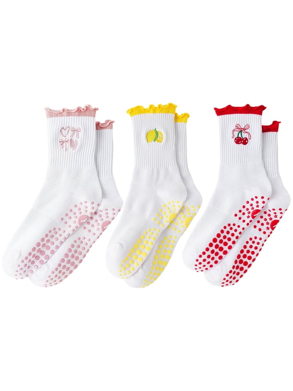 Pilates Grip Socks for Women, 3 Pairs Non Slip Yoga Socks with Ruffle Cuff Embroidery for Barre Ballet Workout, US Size 5-10