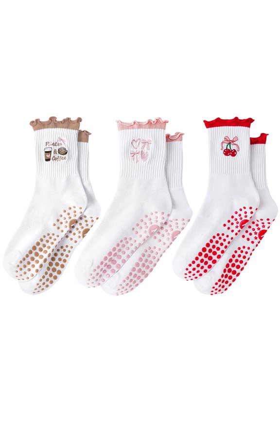 Pilates Grip Socks for Women, 3 Pairs Non Slip Yoga Socks with Ruffle Cuff Embroidery for Barre Ballet Workout, US Size 5-10