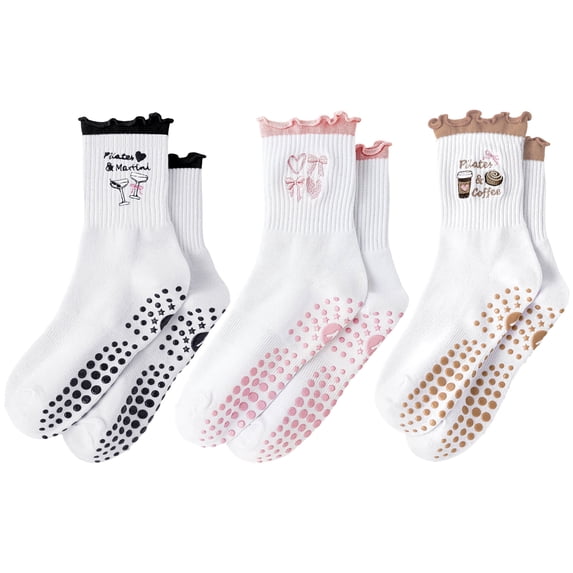 Yawlsow Pilates Grip Socks for Women, 3 Pairs Non Slip Yoga Socks with Ruffle Embroideries for Barre Workout, Hospital