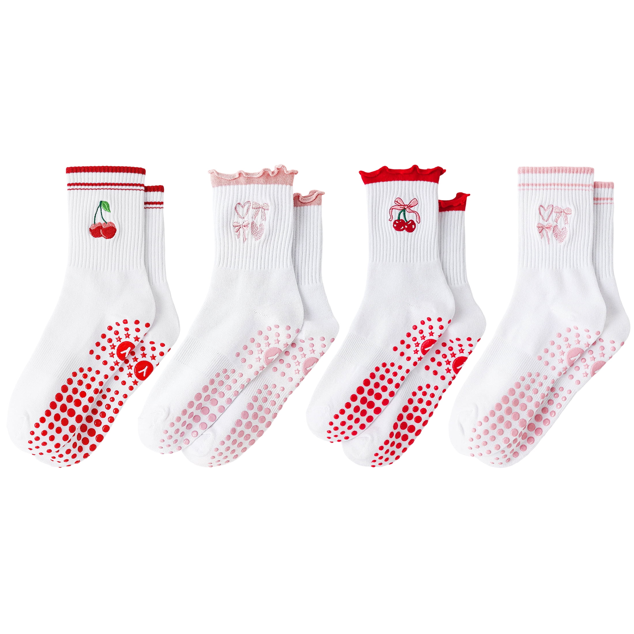 Yawlsow Pilates Grip Socks for Women, 4 Pairs Grippy Yoga Socks with Ruffle Embroidery Pattern for Barre Ballet Workout